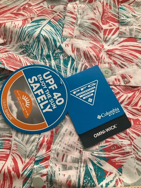 Columbia Super Tamiami PFG Coral & Teal Tropical Short-Sleeve Button-Down Shirt - Picture 10 of 12